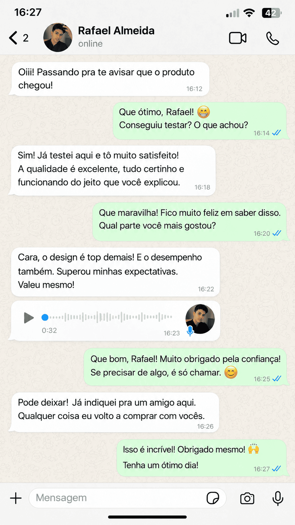 Conversa de WhatsApp com depoimento de Rafael Almeida