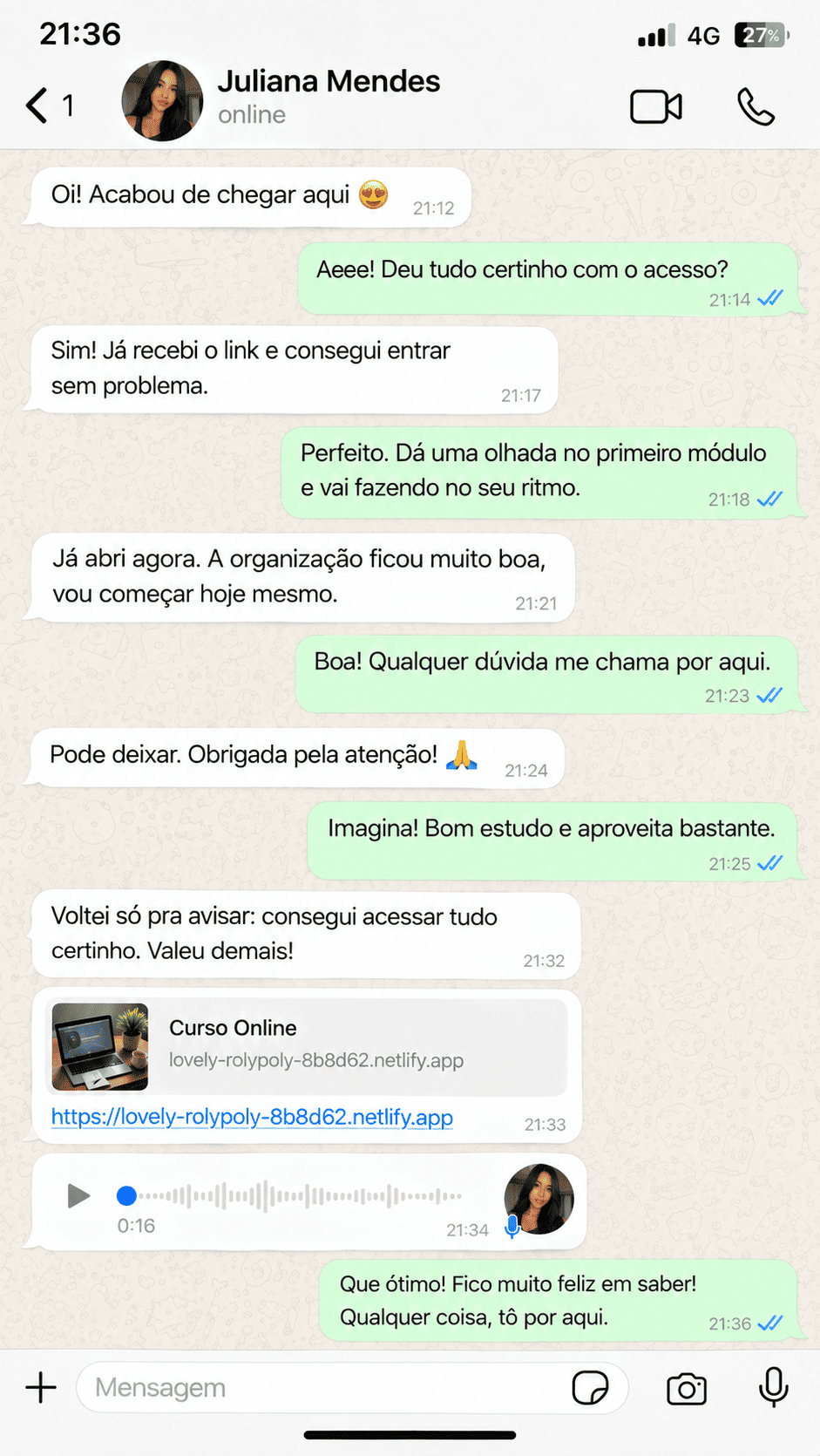 Conversa de WhatsApp com depoimento de Juliana Mendes