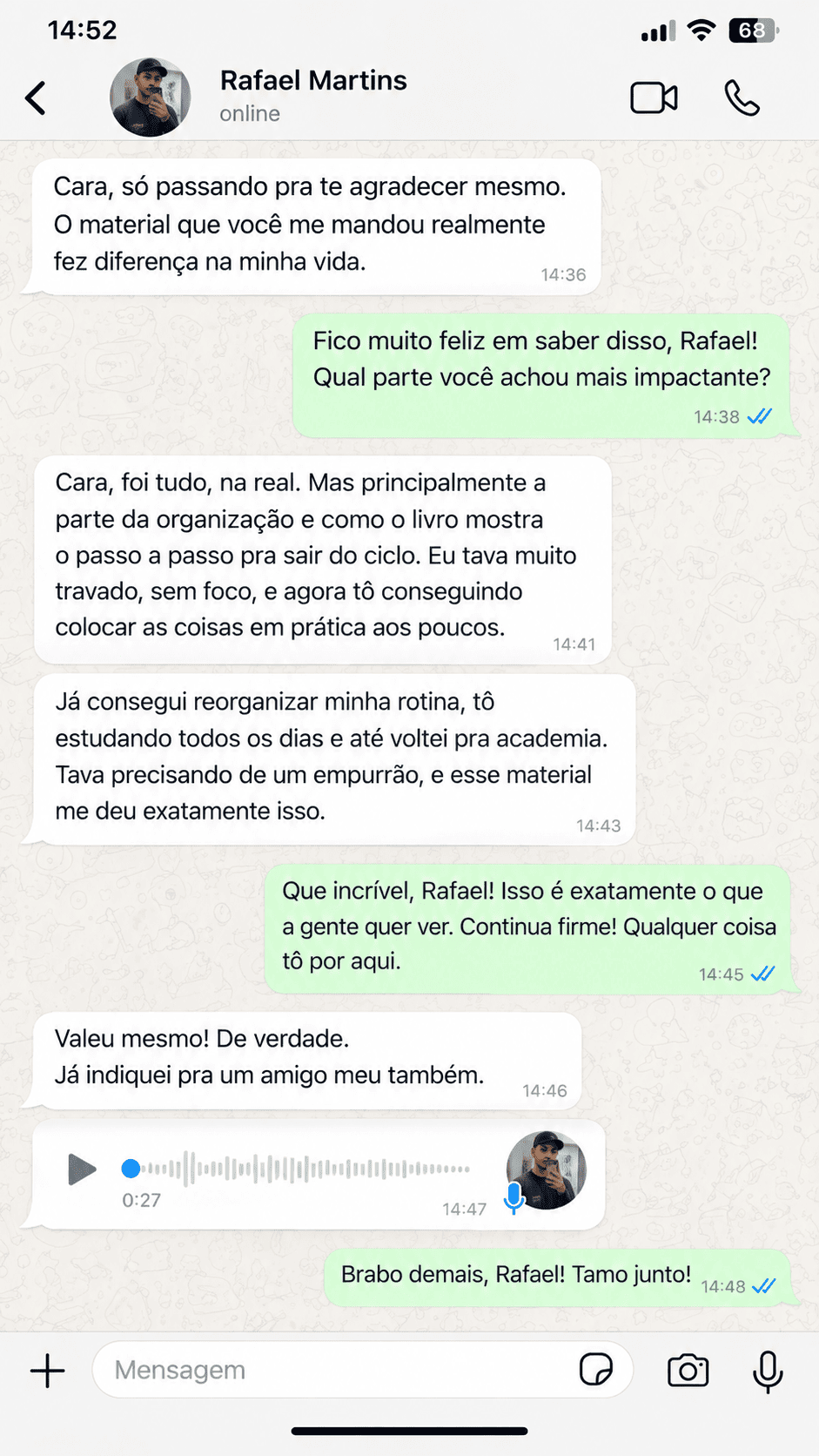 Conversa de WhatsApp com depoimento de Rafael Martins